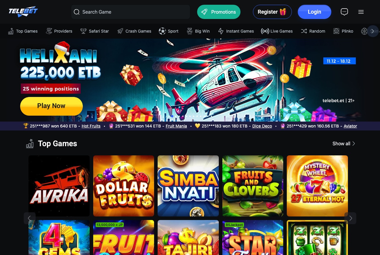 Screenshot of the Telebet lobby on telebet.et, taken 25 August 2026, showing the 13,500,000 ETB jackpot counter and the live winners ticker